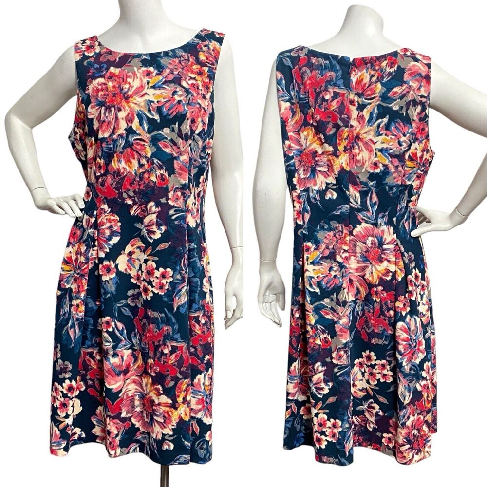 Chelsea Rose Dress Fit & Flare Pleats Navy Multicolor Floral Stretch Women Sz 12